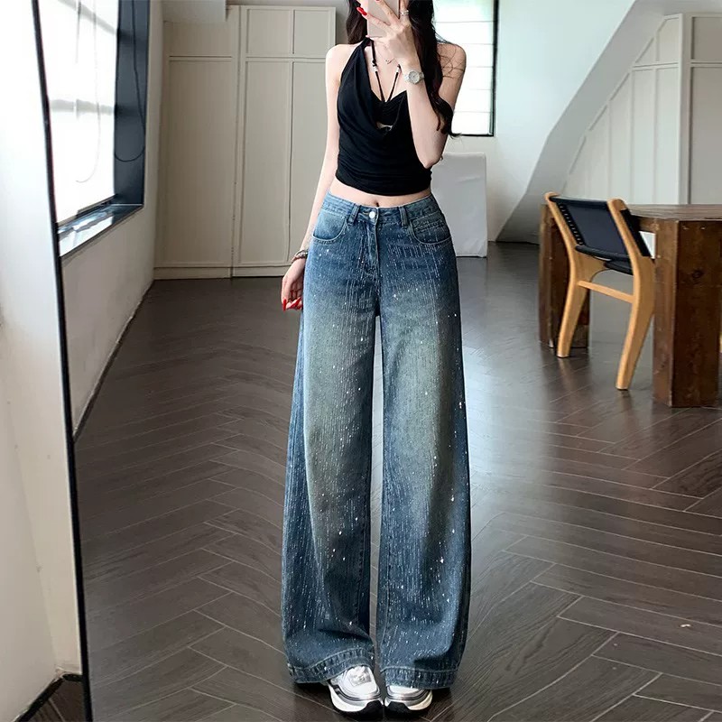 流星雨重工燙鉆闊腿牛仔褲女2026夏季新款高腰寬松顯瘦高級感長褲