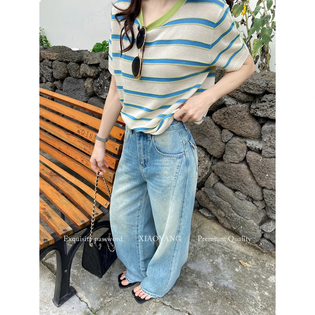 彎刀牛仔褲小個子寬松闊腿褲梨型身材中高腰顯瘦薄款新款夏季褲子