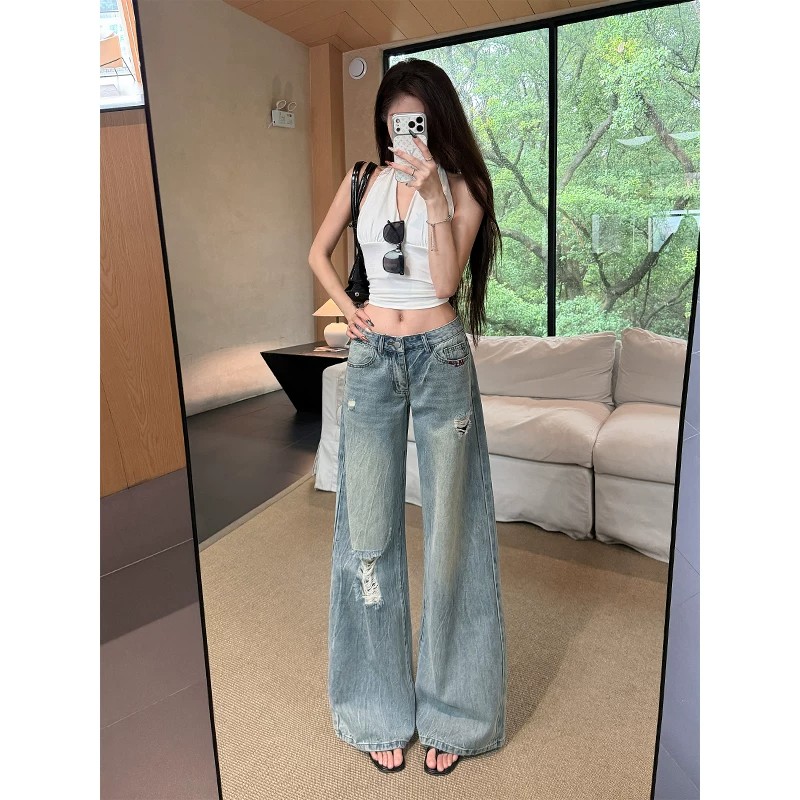 鄭小亮破洞闊腿復古牛仔褲低腰2026年夏季新款美式寬松小個子百搭