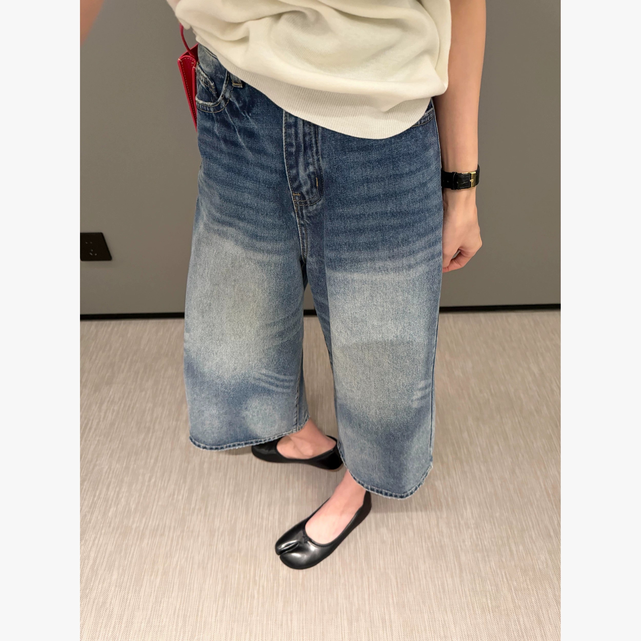 美式復古高腰寬松闊腿牛仔褲女2026年夏季新款垂感百搭直筒七分褲