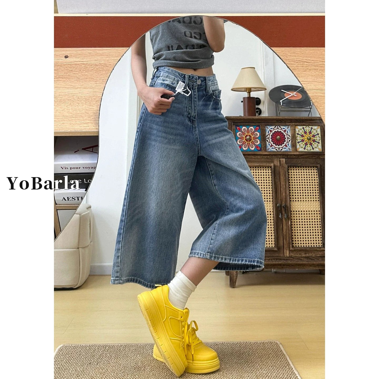 復古闊腿牛仔七分褲女夏季新款胖mm梨形身材大碼寬松顯瘦直筒褲子