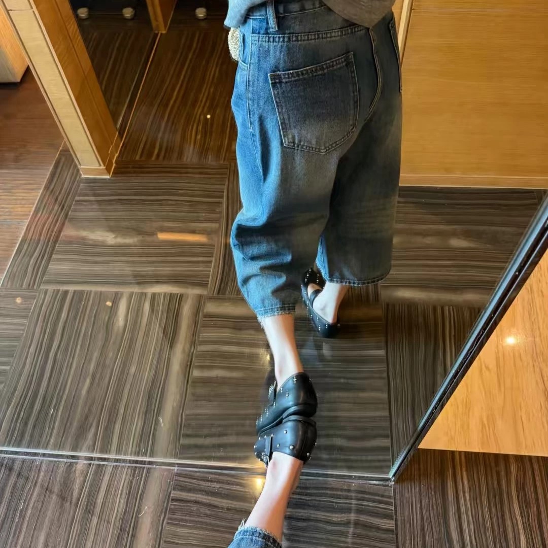 復古闊腿牛仔七分褲女夏季新款胖mm梨形身材大碼寬松顯瘦直筒褲子