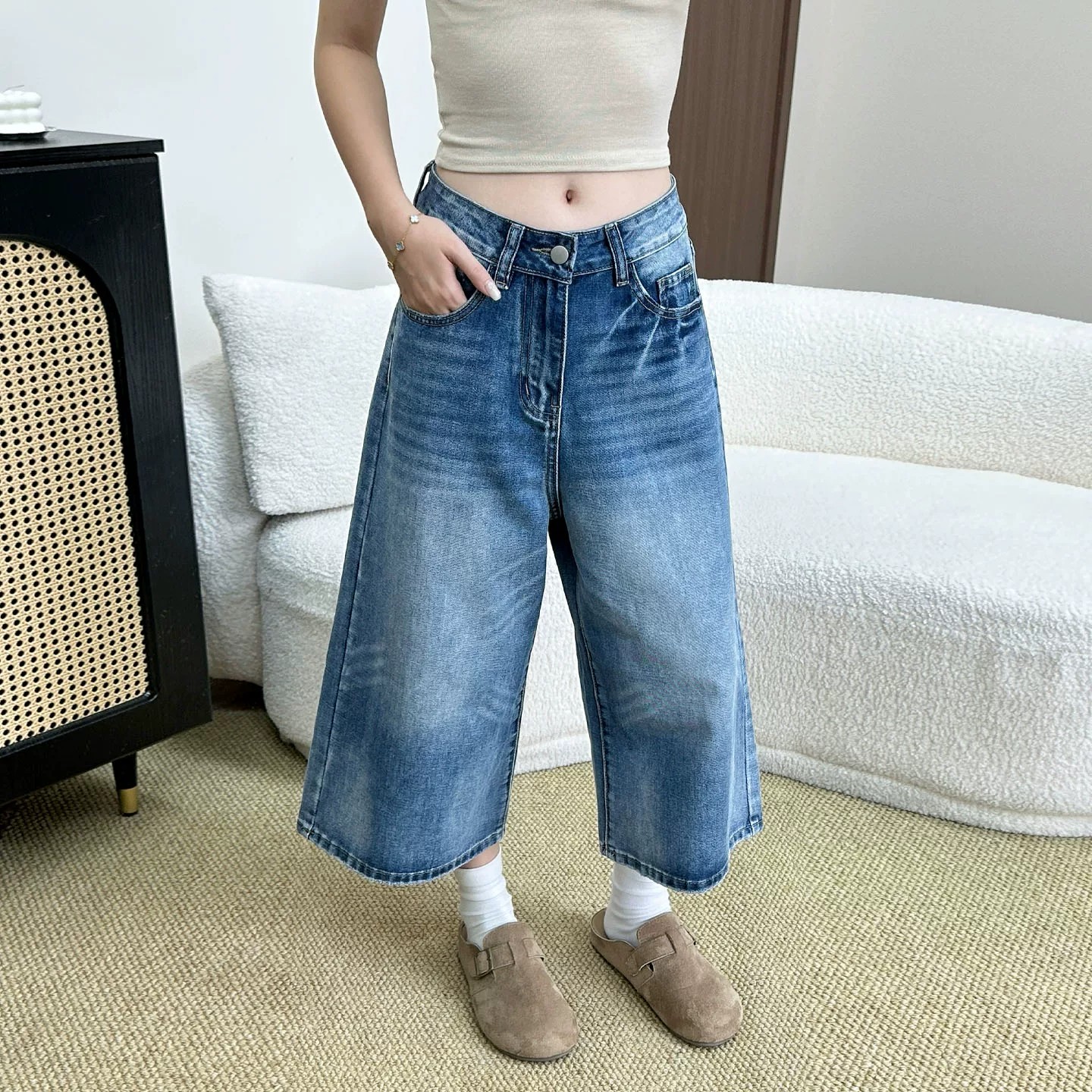 復古七分闊腿牛仔褲女2026春夏新款美式高腰顯瘦寬松垂感直筒中褲