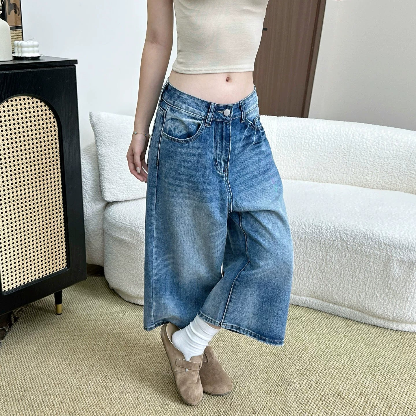復古七分闊腿牛仔褲女2026春夏新款美式高腰顯瘦寬松垂感直筒中褲