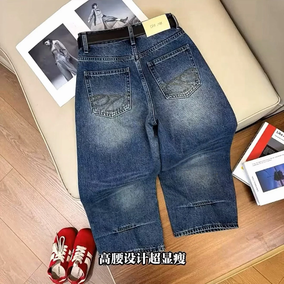 歐貨夏款設計感后袋刺繡彎刀褲2026年新款寬松顯瘦爆款八分牛仔褲