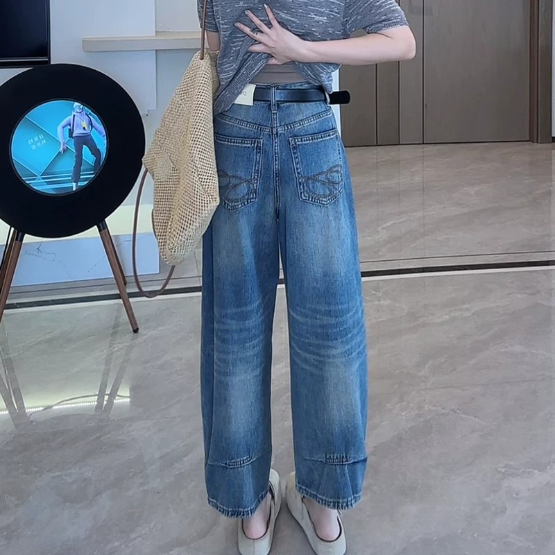 復古洗水八分牛仔褲女夏季新款韓版氣質高腰寬松闊腳褲休閑八分褲
