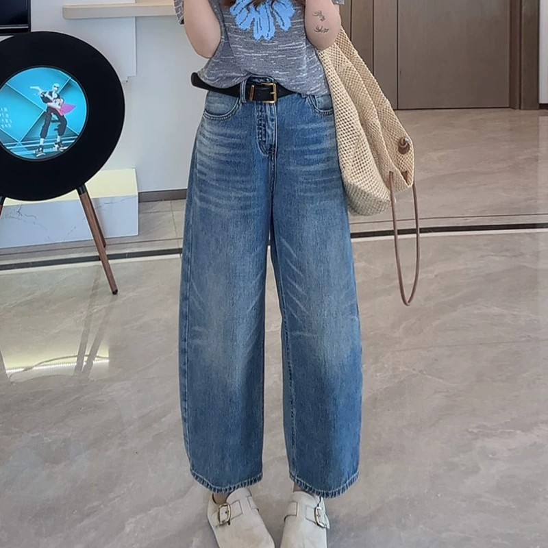 復古洗水八分牛仔褲女夏季新款韓版氣質高腰寬松闊腳褲休閑八分褲