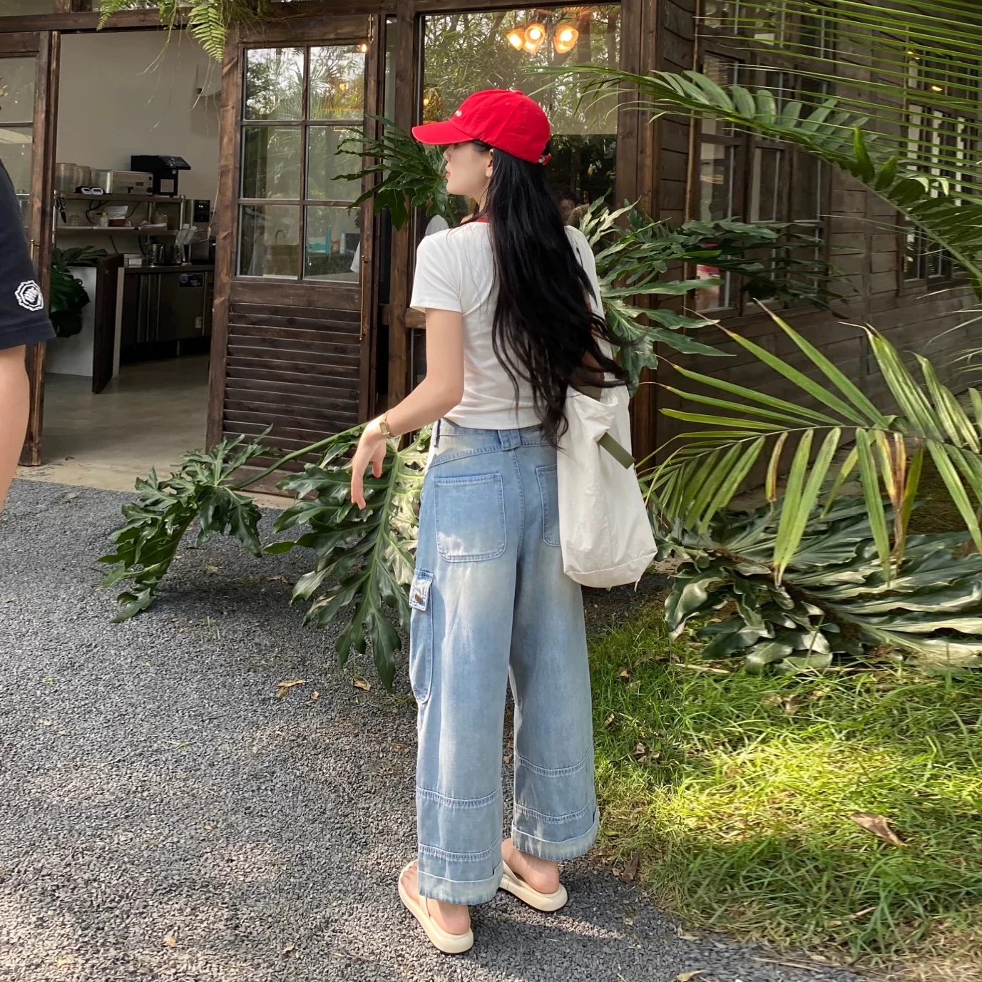 淺色復古工裝多口袋九分闊腿牛仔褲女小個子夏薄款顯瘦直筒休閑褲