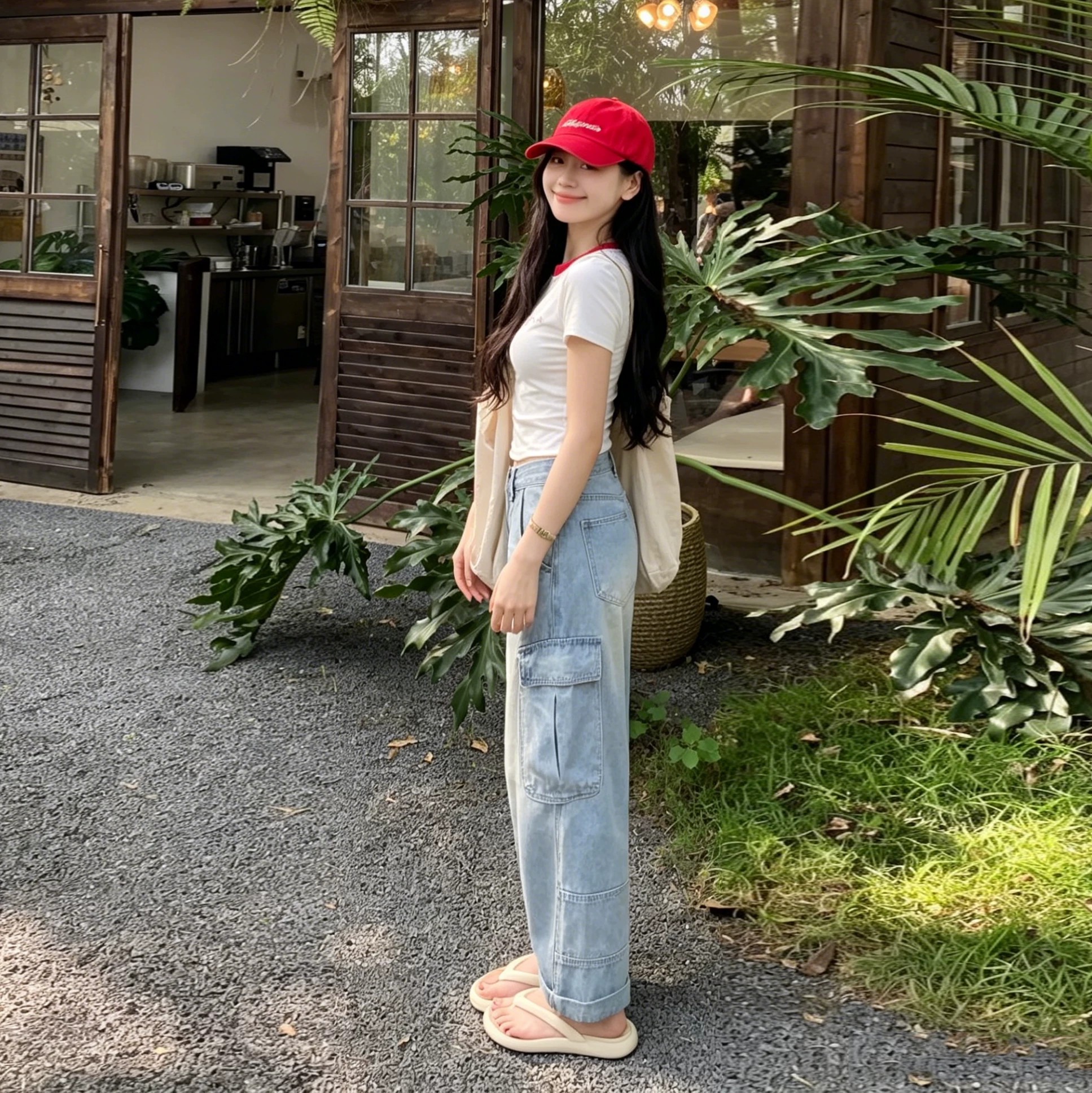 淺色復古工裝多口袋九分闊腿牛仔褲女小個子夏薄款顯瘦直筒休閑褲