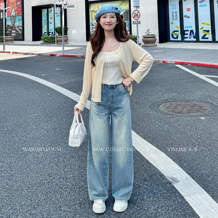 王家有魚 大姚小姚 小個子復古藍小彎刀闊腿褲女26春夏顯瘦牛仔褲