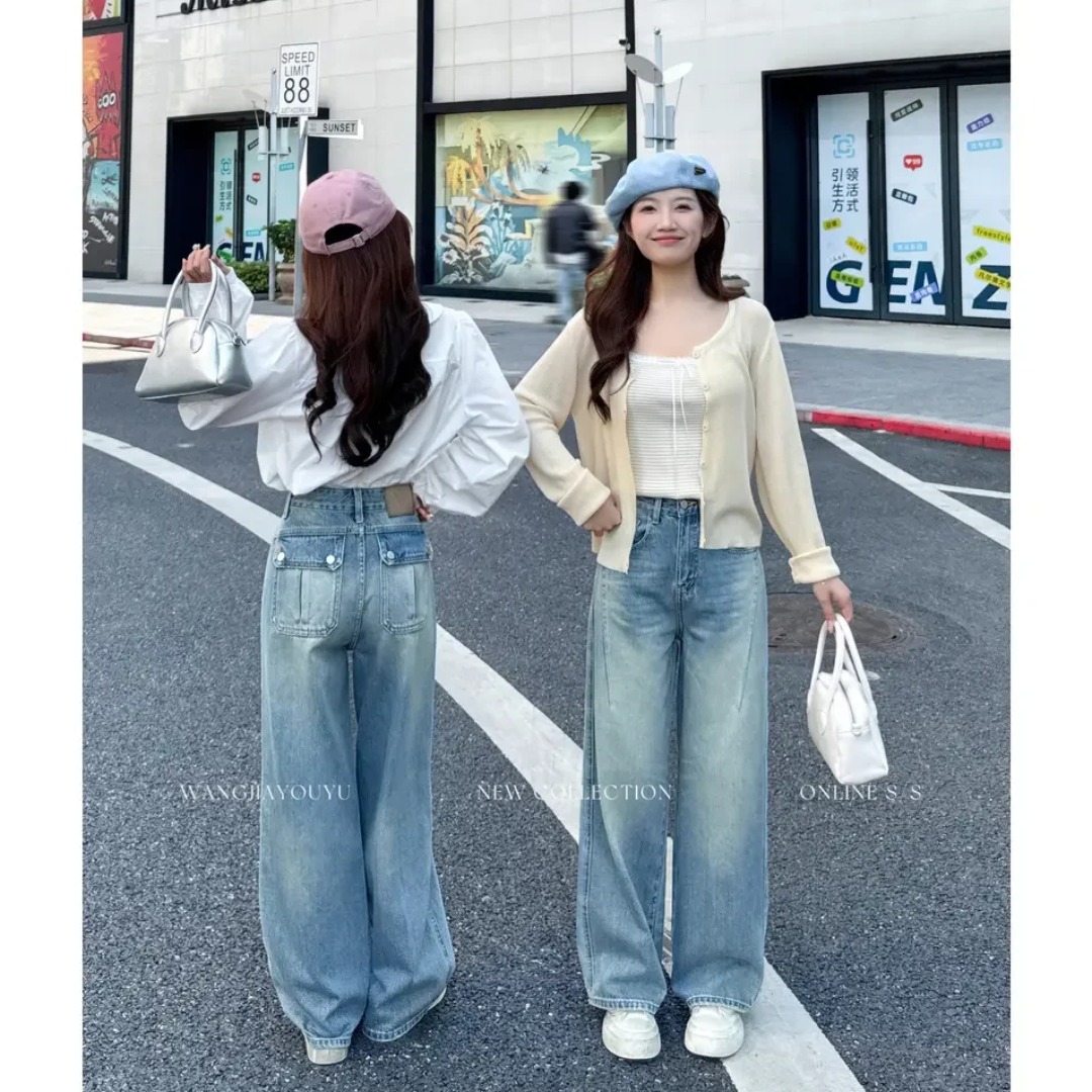 王家有魚 大姚小姚 小個子復古藍小彎刀闊腿褲女26春夏顯瘦牛仔褲