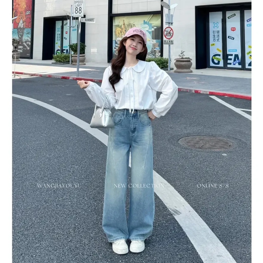 王家有魚 大姚小姚 小個子復古藍小彎刀闊腿褲女26春夏顯瘦牛仔褲