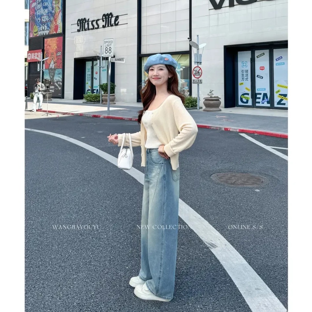 王家有魚 大姚小姚 小個子復古藍小彎刀闊腿褲女26春夏顯瘦牛仔褲