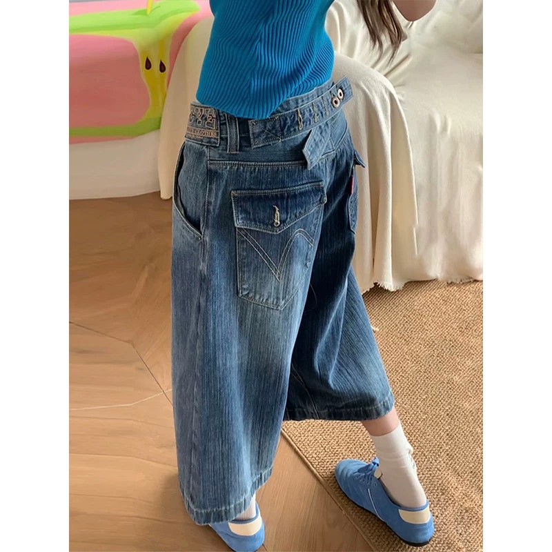 美式辣妹小眾巴黎調節扣牛仔褲子女夏季時尚復古設計感做舊七分褲
