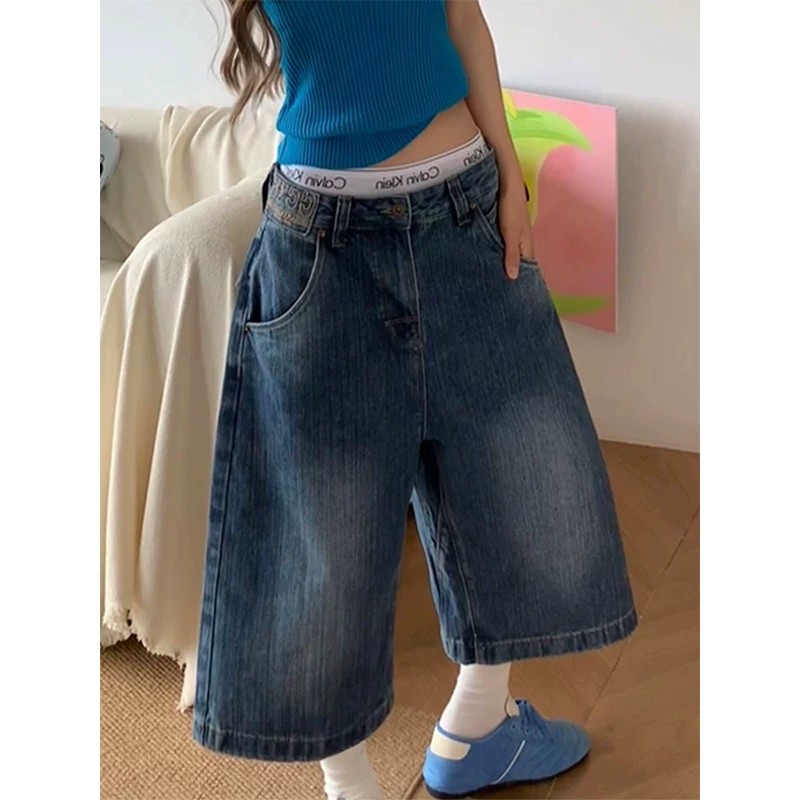 美式辣妹小眾巴黎調節扣牛仔褲子女夏季時尚復古設計感做舊七分褲