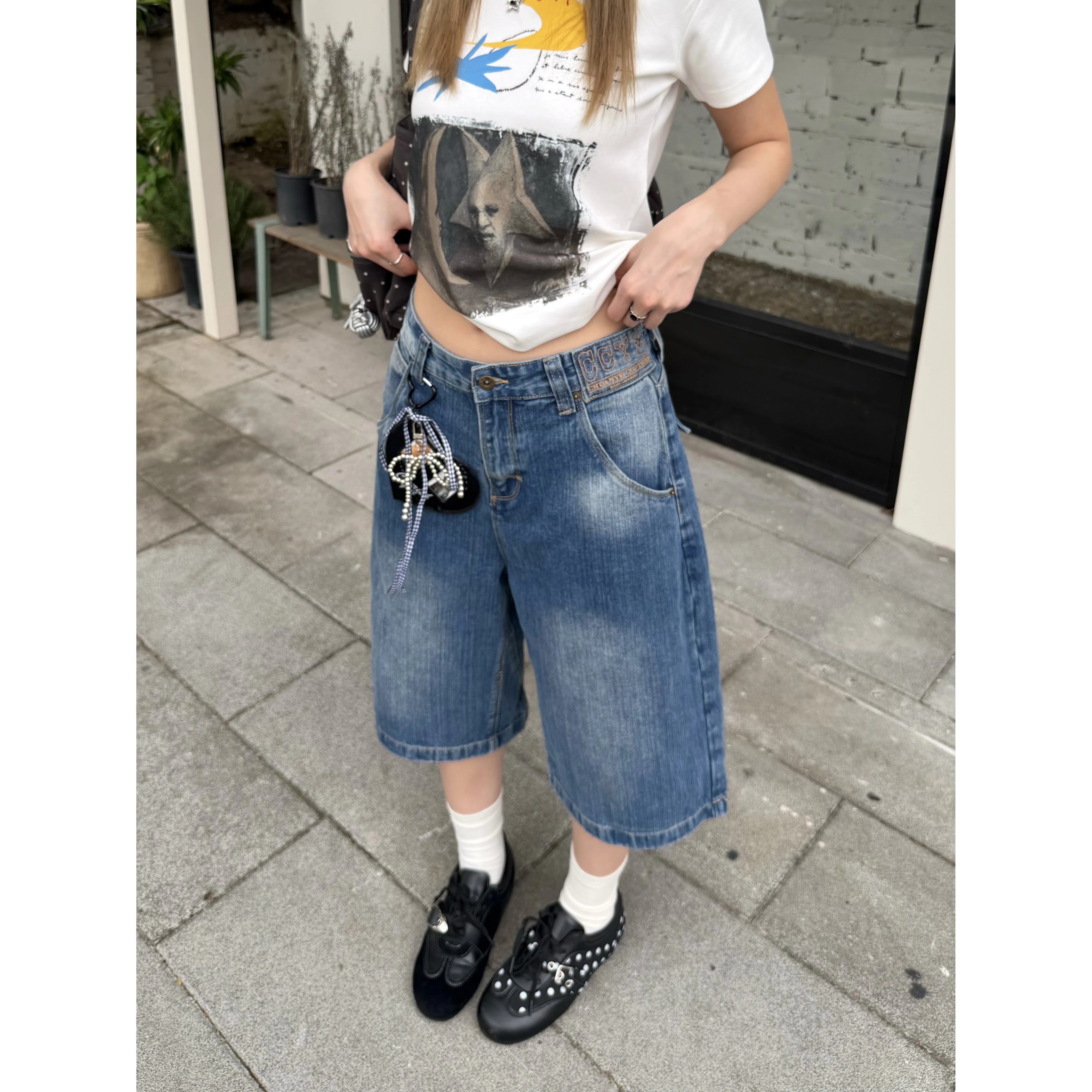 XFX 美式復古竹節巴黎扣水洗七分褲女夏季做舊高街cleanfit牛仔褲