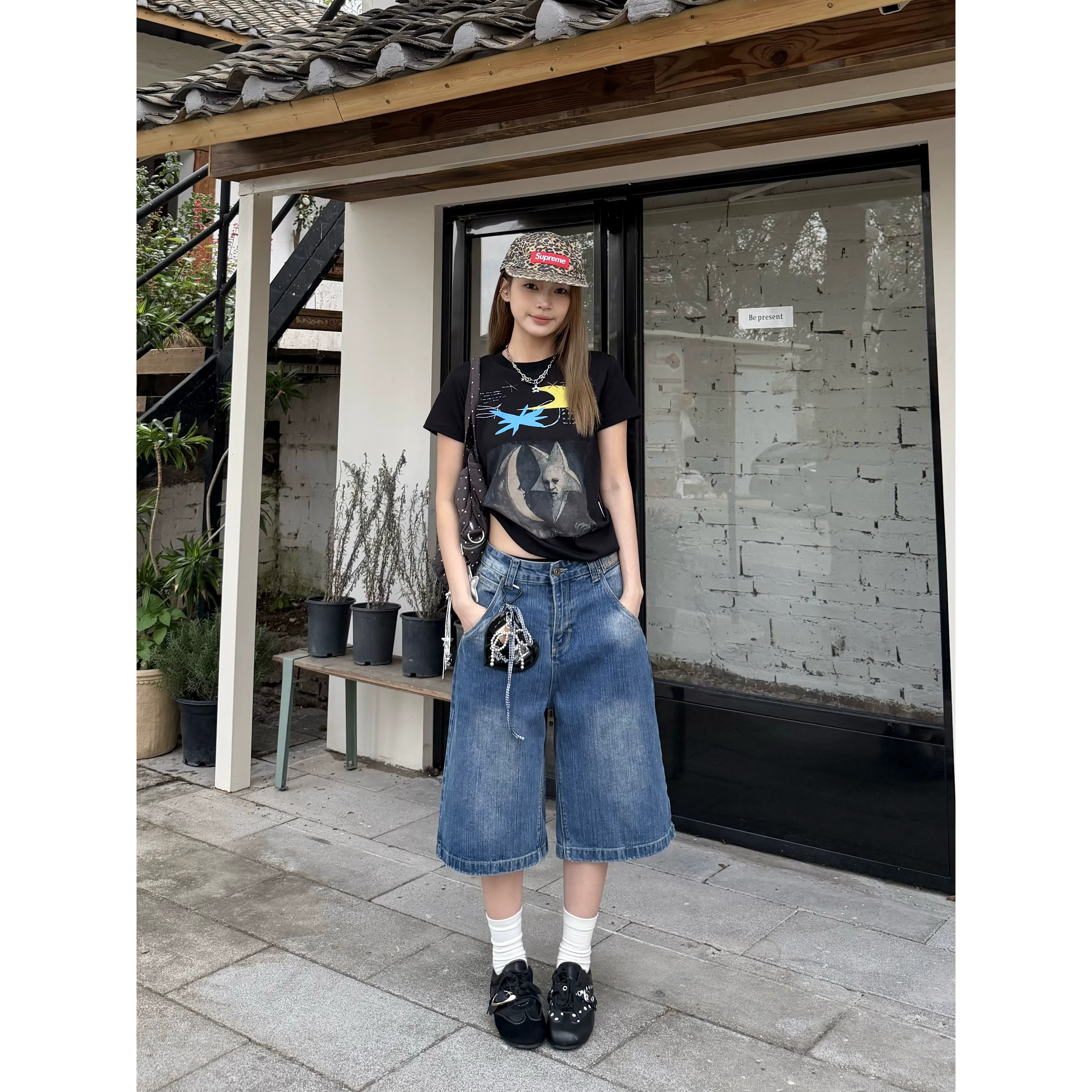 XFX 美式復古竹節巴黎扣水洗七分褲女夏季做舊高街cleanfit牛仔褲