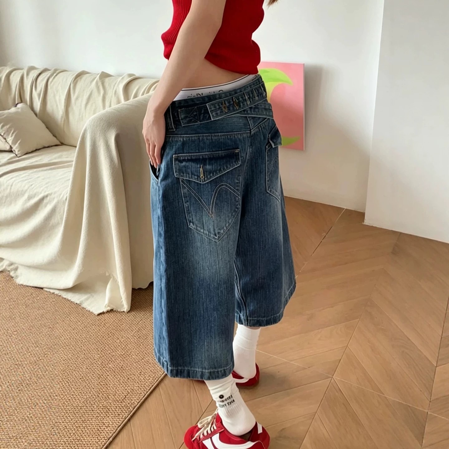 復古肌理感巴黎扣七分褲牛仔褲男女夏季新款水洗做舊設計感過膝褲