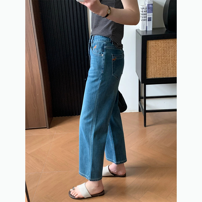 四面彈~直筒顯瘦牛仔褲女春夏小個子九分奶奶褲刺繡寬松直筒褲