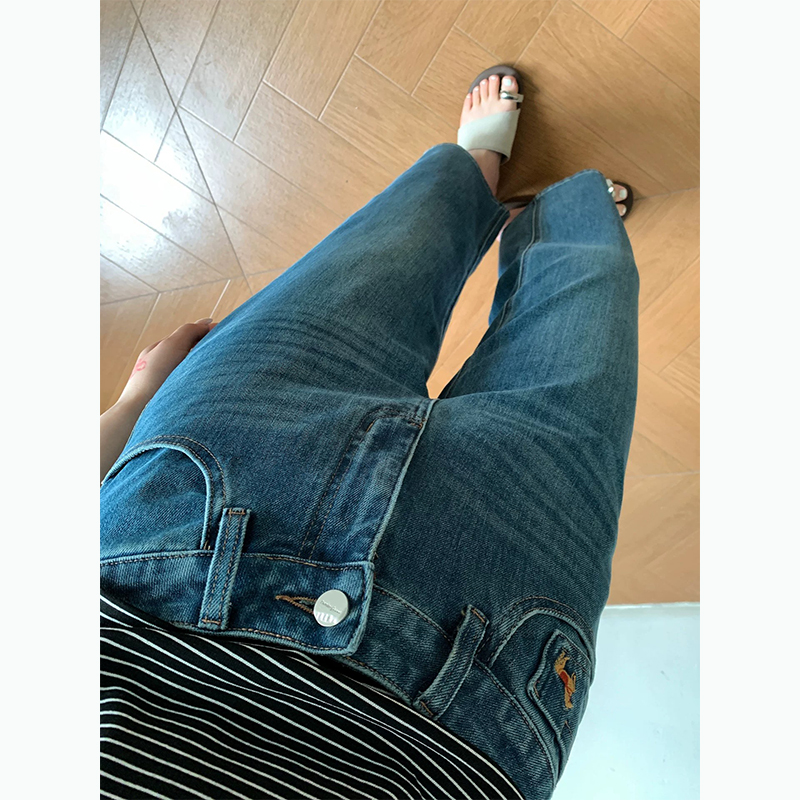 四面彈~直筒顯瘦牛仔褲女春夏小個子九分奶奶褲刺繡寬松直筒褲