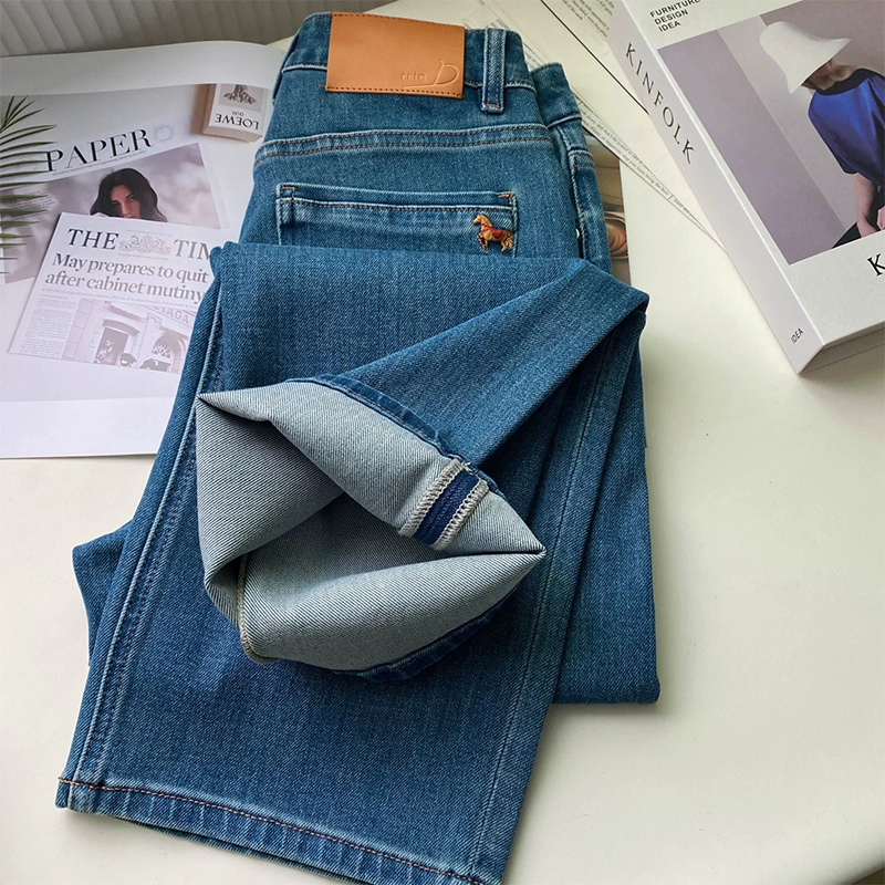 四面彈~直筒顯瘦牛仔褲女春夏小個子九分奶奶褲刺繡寬松直筒褲