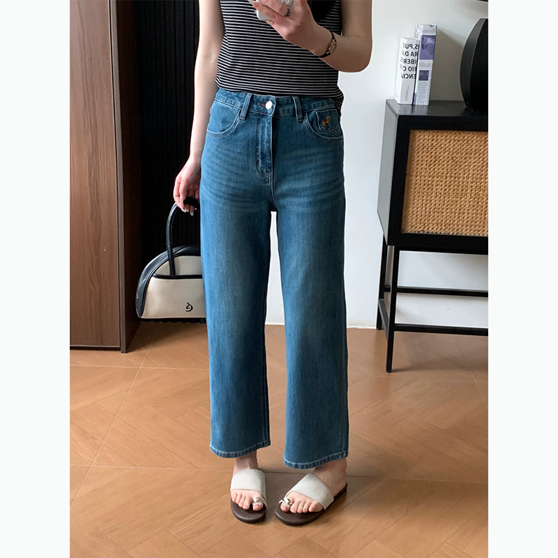 四面彈~直筒顯瘦牛仔褲女春夏小個子九分奶奶褲刺繡寬松直筒褲