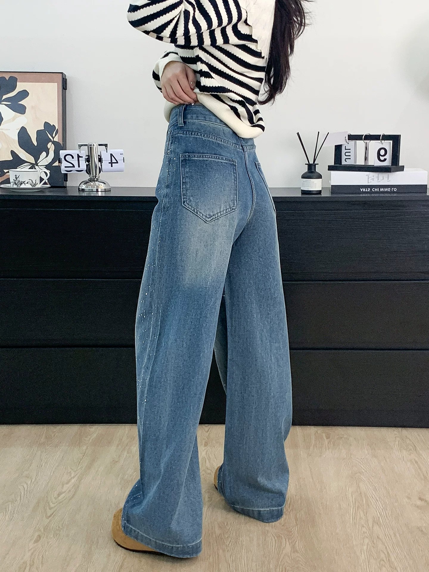 設計感滿天星燙鉆闊腿牛仔褲女夏季新款大碼胖mm寬松顯瘦直筒長褲
