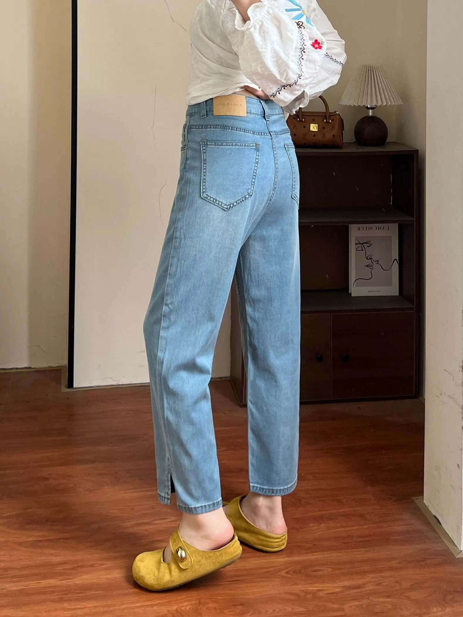 天絲涼感彈力直筒牛仔褲女夏季薄款大碼梨型身材小個子九分煙管褲