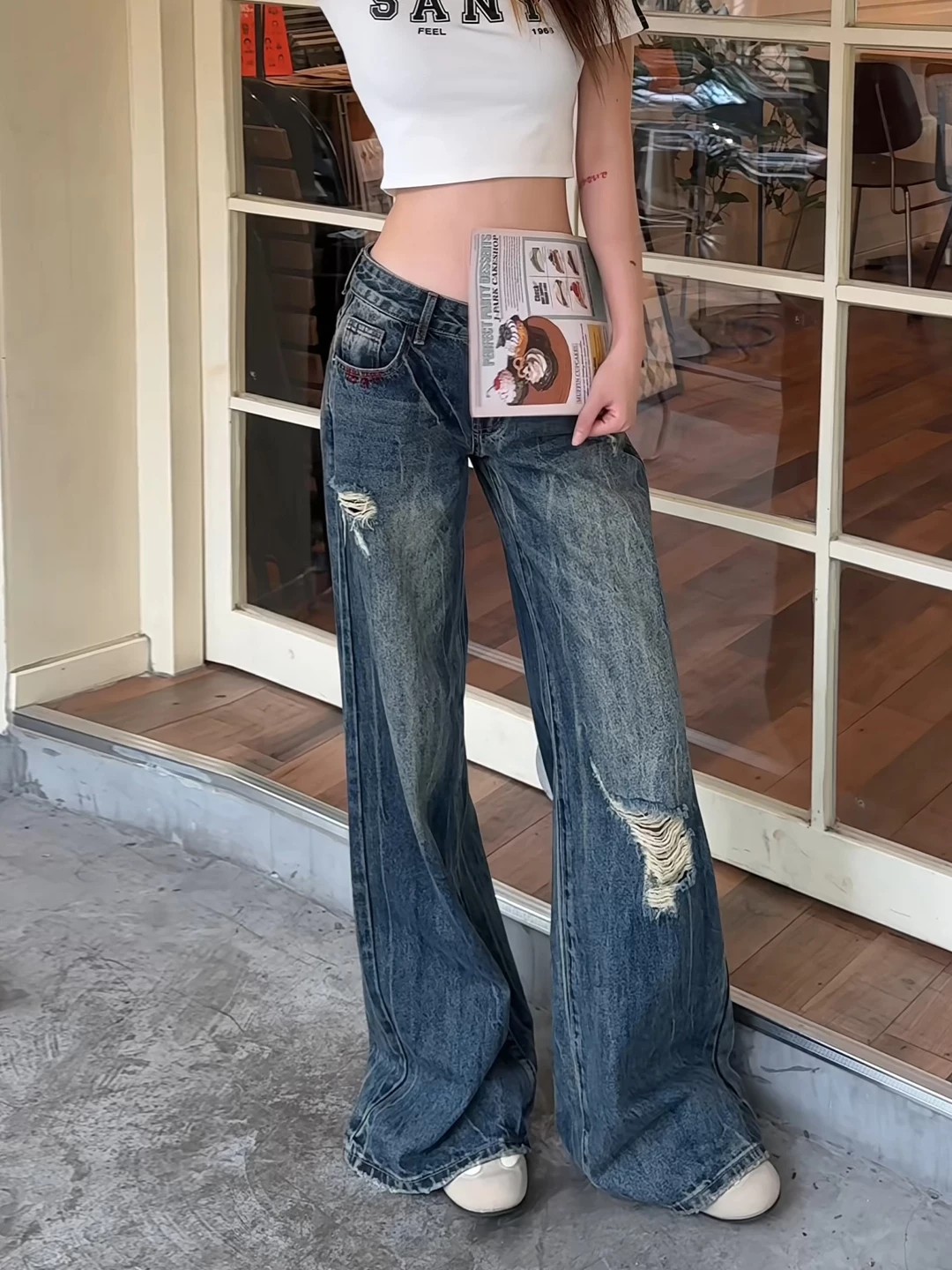 美式辣妹低腰破洞闊腿牛仔褲女夏薄款2026新款寬松垂感直筒拖地褲