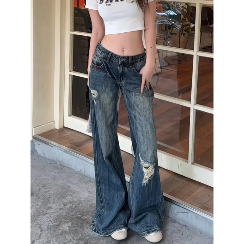 美式辣妹低腰破洞闊腿牛仔褲女夏薄款2026新款寬松垂感直筒拖地褲