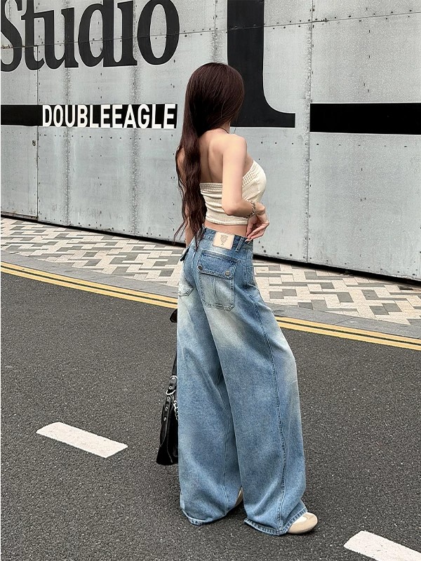 鄭小亮九分彎刀牛仔褲女2026夏季新款小個子寬松顯瘦闊腿拖地褲潮