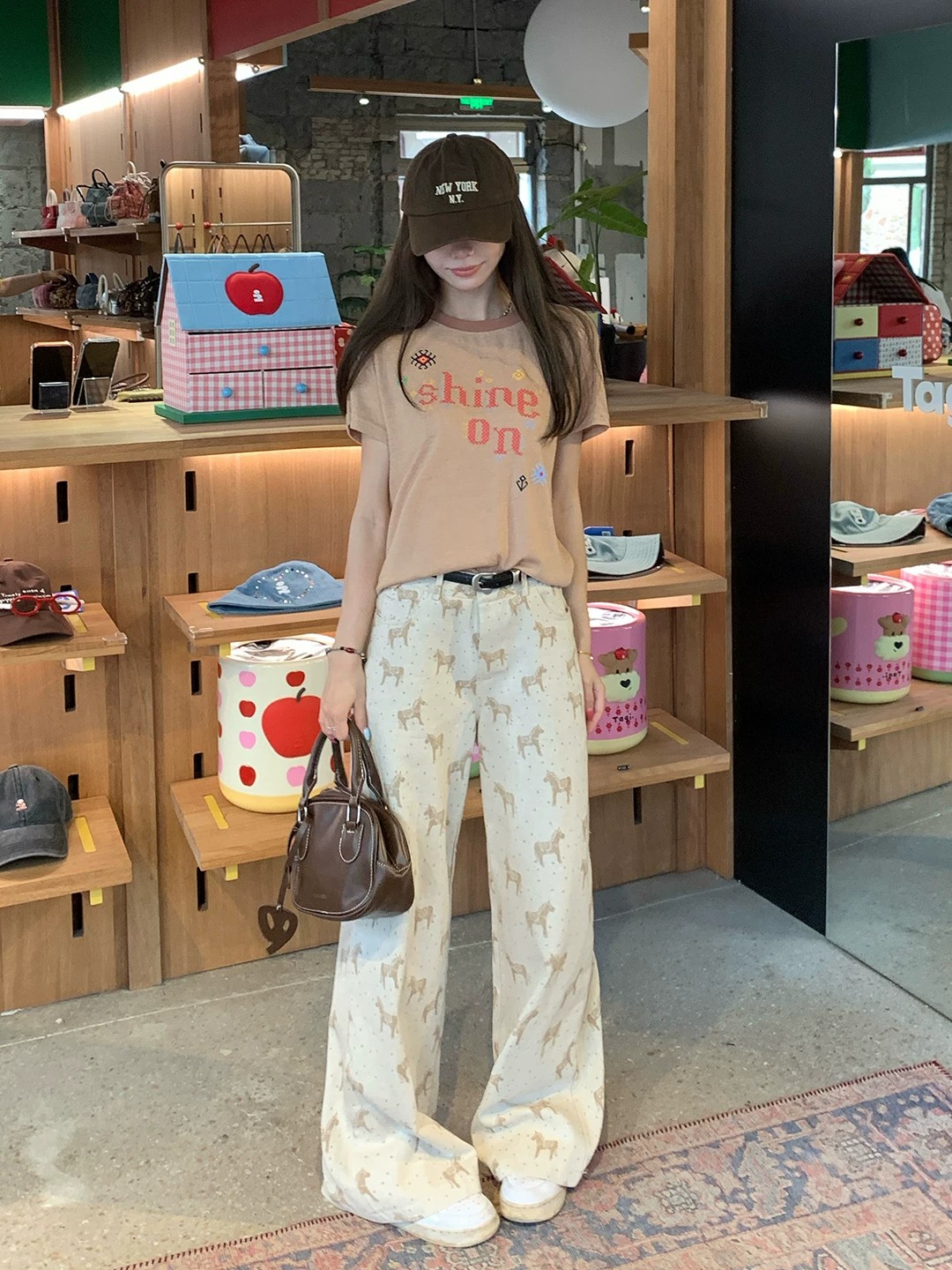 發財小馬印花復古闊腿牛仔褲女小個子美式高腰寬松垂感顯瘦直筒褲