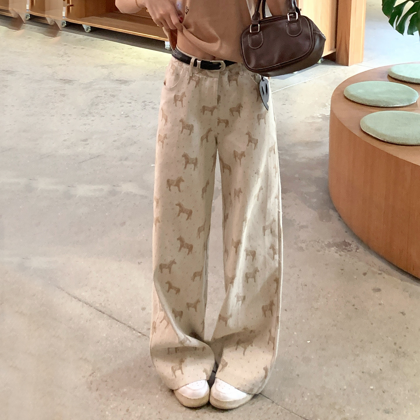 發財小馬印花復古闊腿牛仔褲女小個子美式高腰寬松垂感顯瘦直筒褲