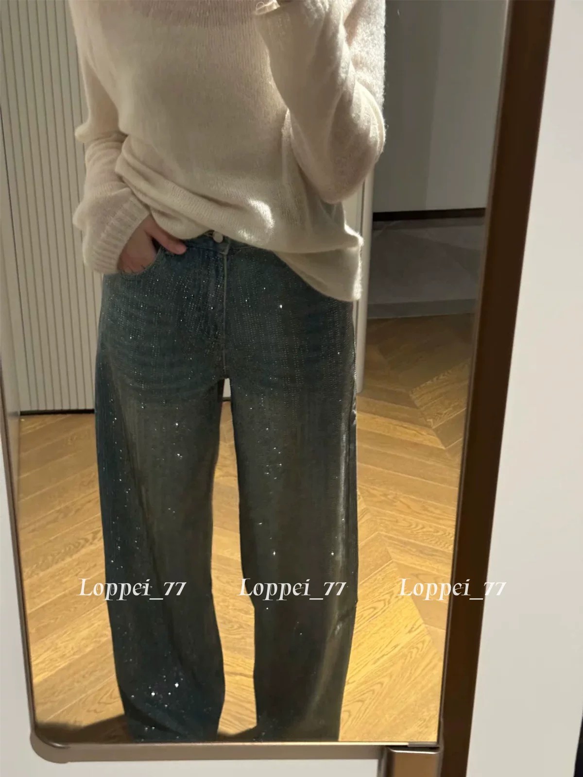 滿天星燙鉆闊腿牛仔褲女夏季新款高級感時尚百搭寬松顯瘦拖地長褲