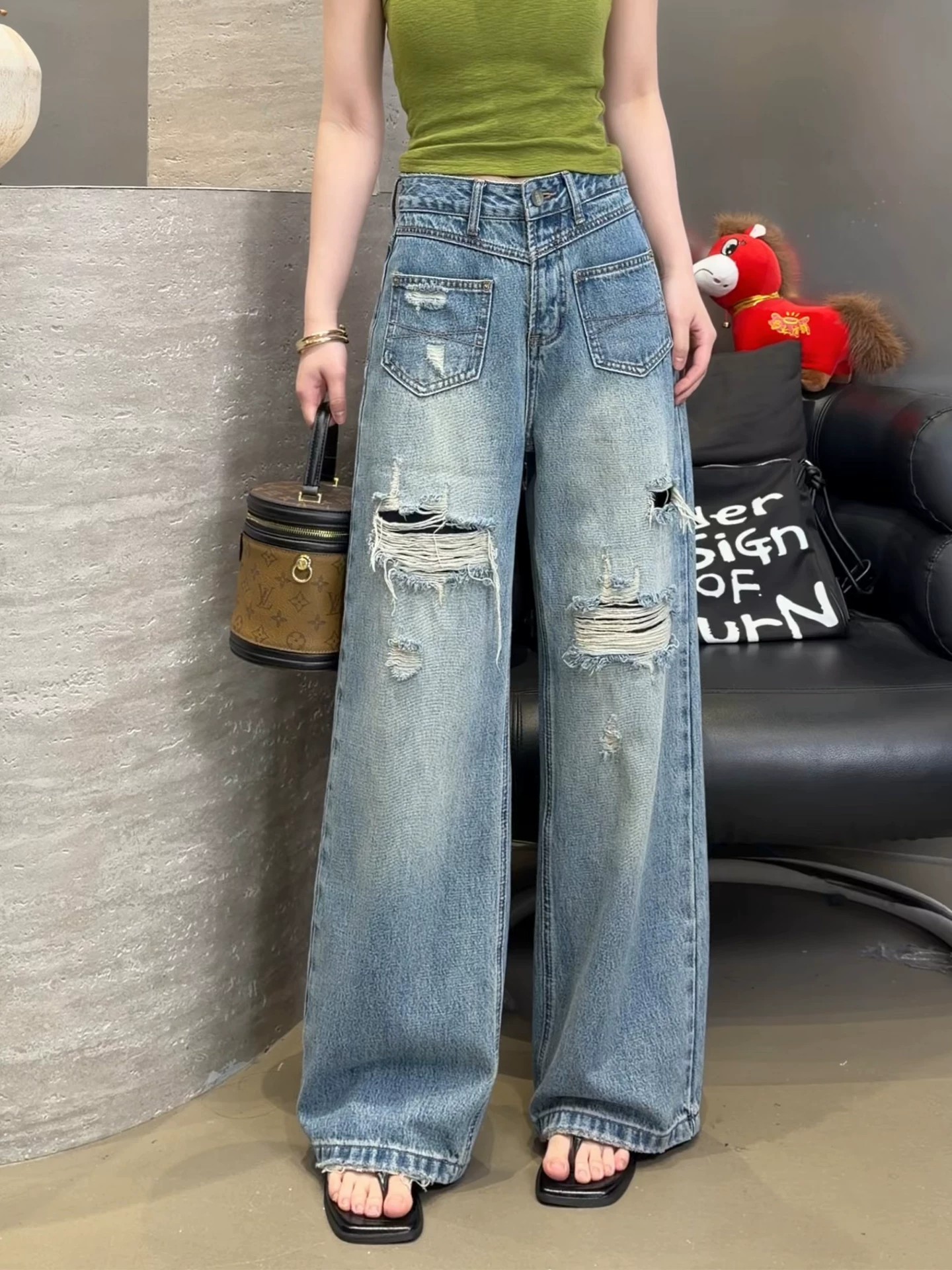 美式高街藍色破洞前口袋直筒牛仔褲女2026夏薄款設計感寬松拖地褲
