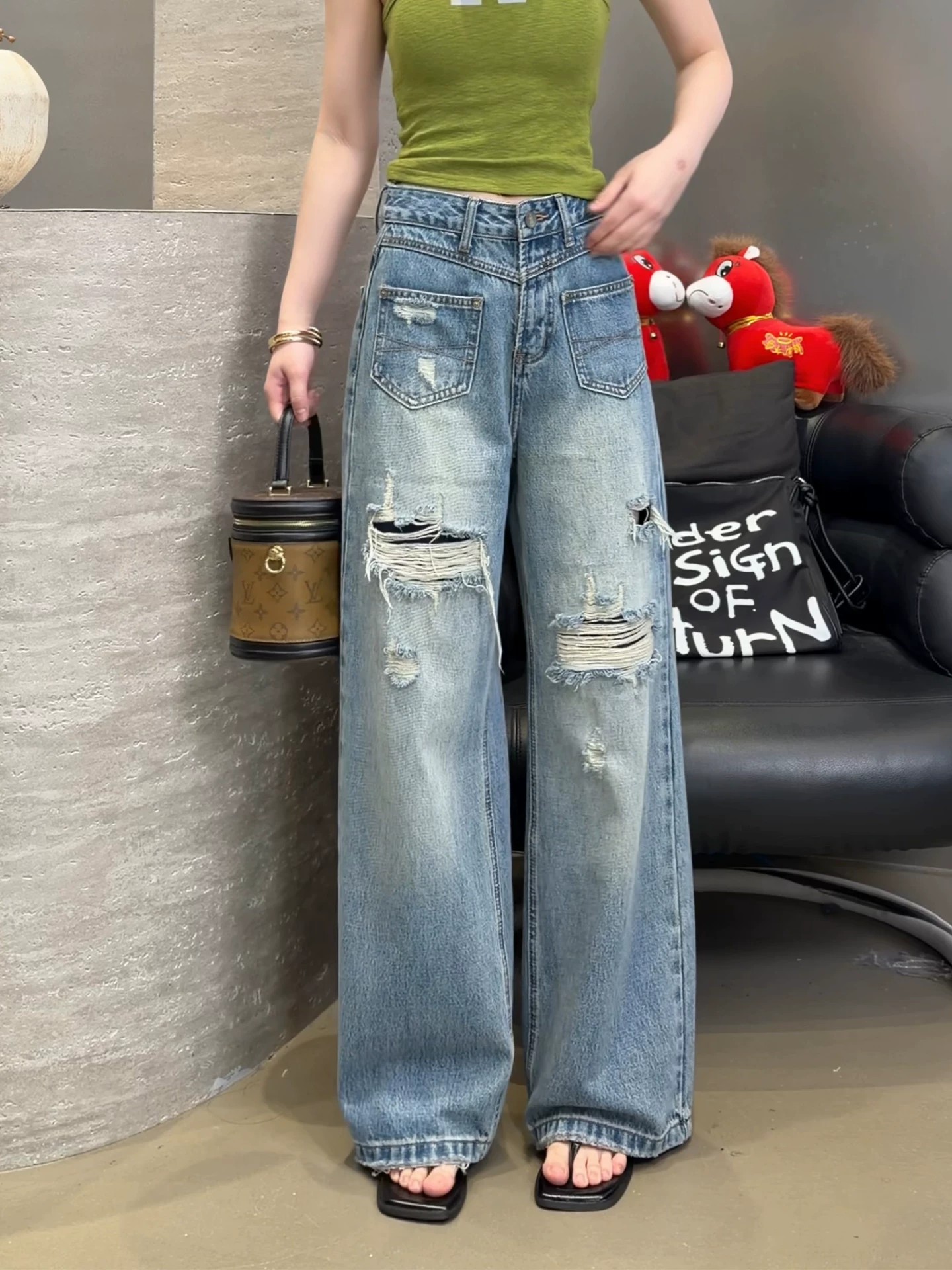 美式高街藍色破洞前口袋直筒牛仔褲女2026夏薄款設計感寬松拖地褲