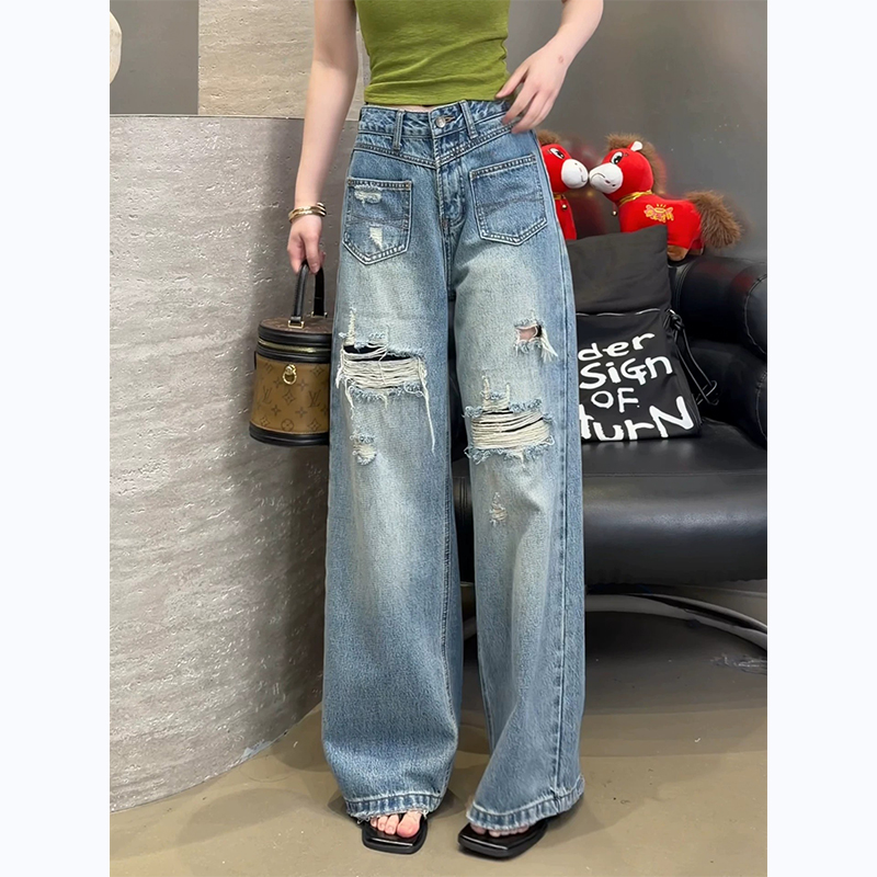 美式高街藍色破洞前口袋直筒牛仔褲女2026夏薄款設計感寬松拖地褲