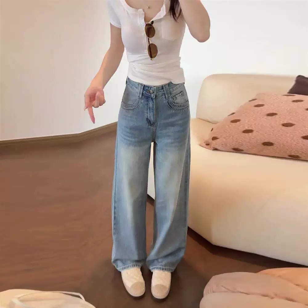 2026超火巨好看百搭褲子女夏季薄款淺藍色小個子垂墜感牛仔闊腿褲