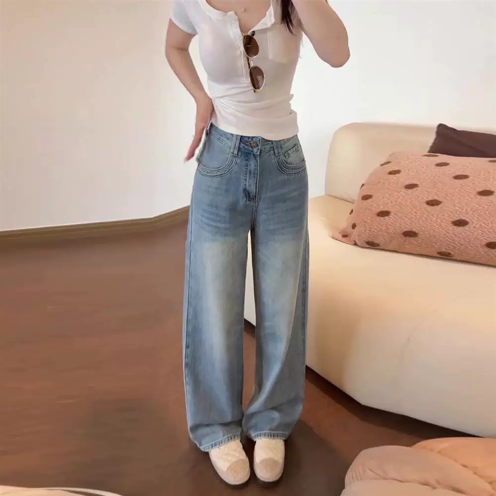 2026超火巨好看百搭褲子女夏季薄款淺藍色小個子垂墜感牛仔闊腿褲