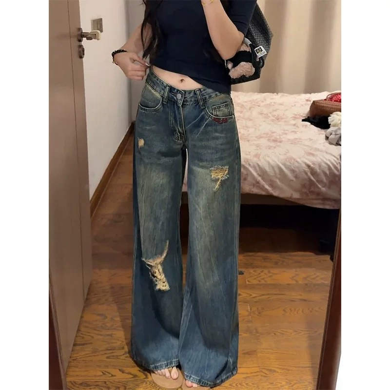 美式復古街頭辣妹設計感做舊水洗破洞牛仔褲子女夏闊腿寬松拖地褲