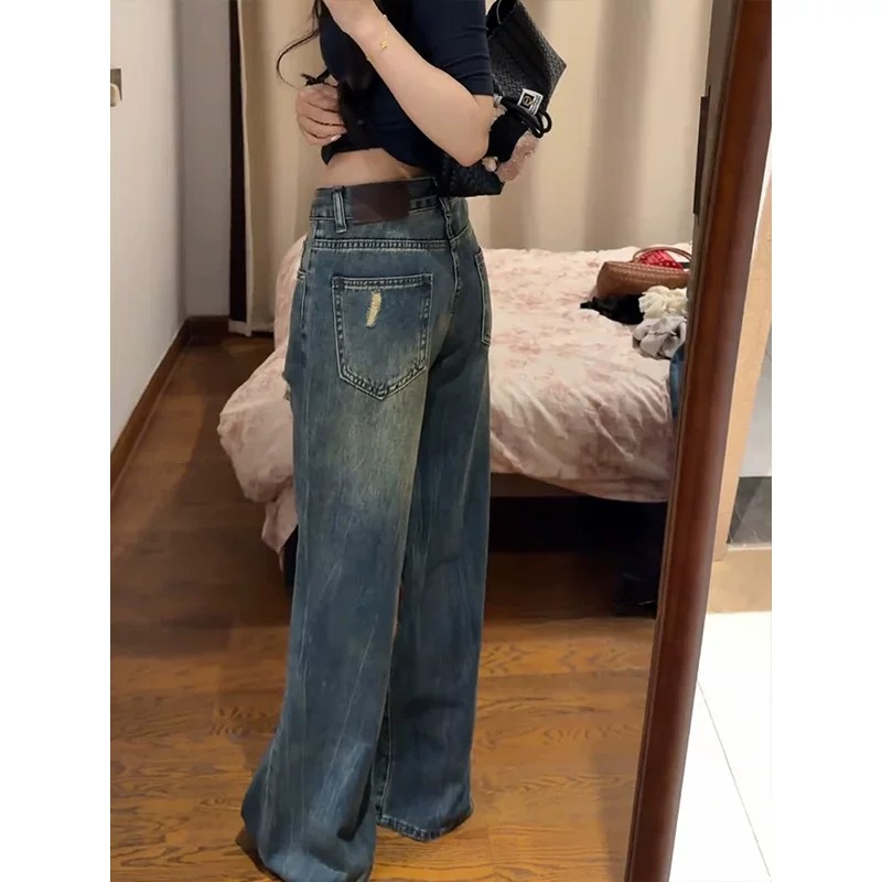 美式復古街頭辣妹設計感做舊水洗破洞牛仔褲子女夏闊腿寬松拖地褲