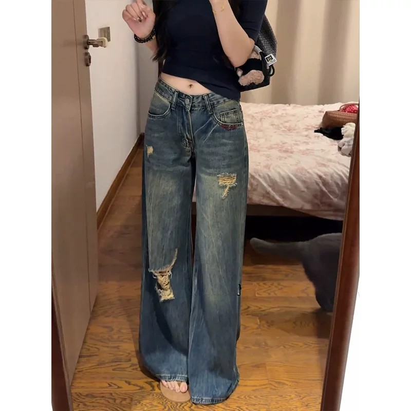 美式復古街頭辣妹設計感做舊水洗破洞牛仔褲子女夏闊腿寬松拖地褲