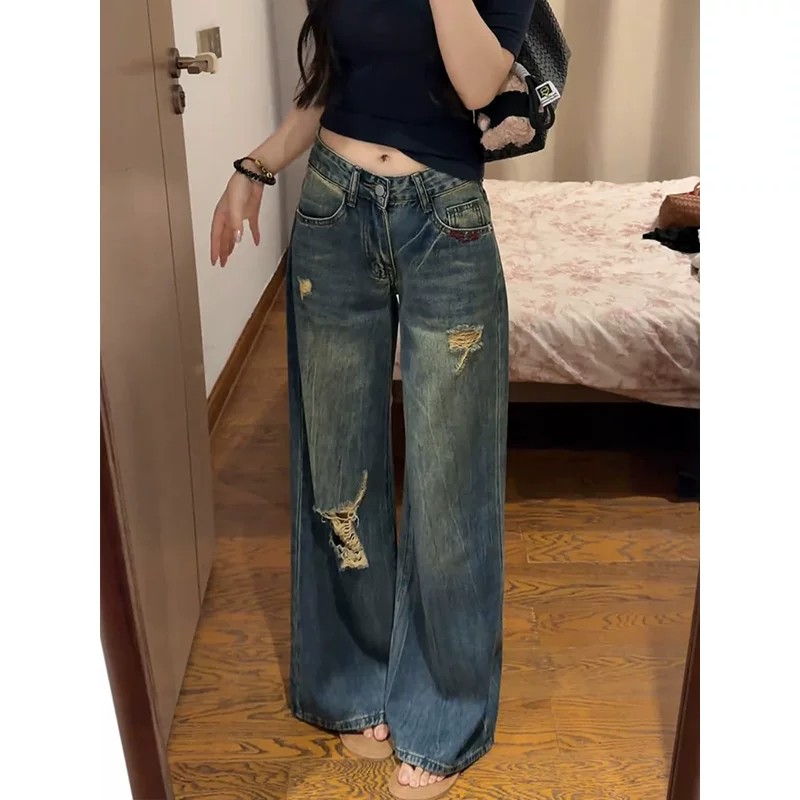 美式復古街頭辣妹設計感做舊水洗破洞牛仔褲子女夏闊腿寬松拖地褲