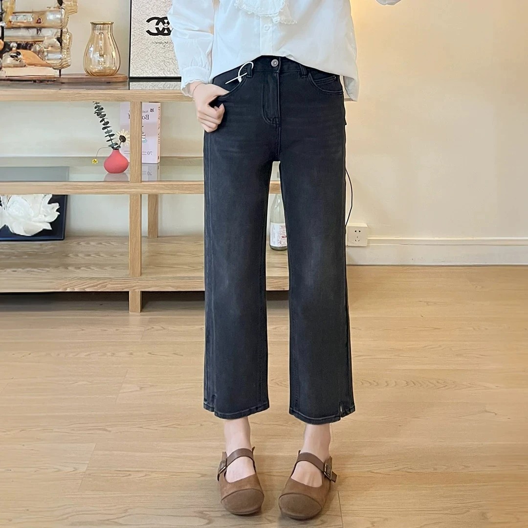 黑色直筒牛仔褲女夏季新款胖mm大碼高腰顯瘦彈力小個子九分煙管褲