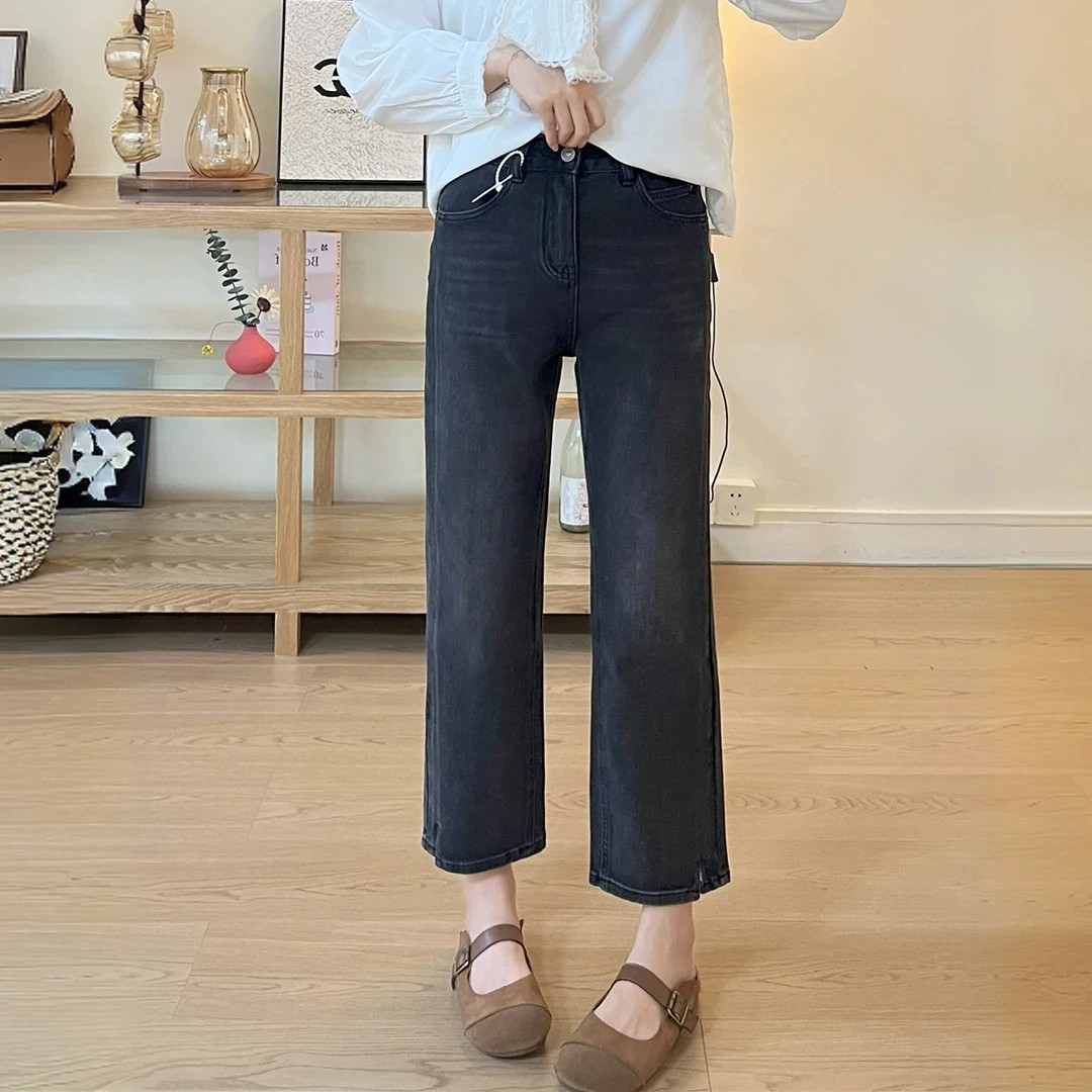 黑色直筒牛仔褲女夏季新款胖mm大碼高腰顯瘦彈力小個子九分煙管褲