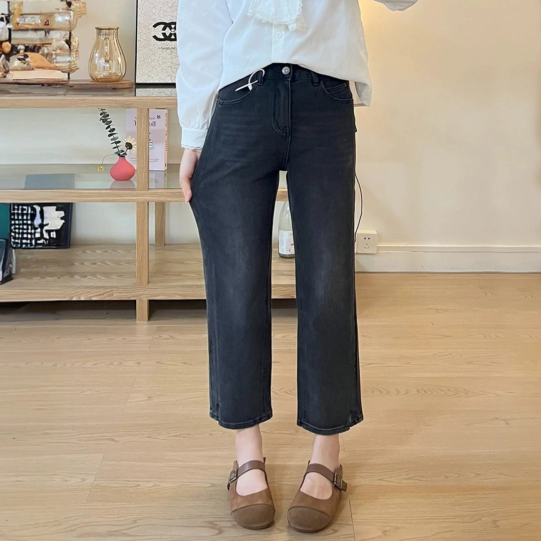 黑色直筒牛仔褲女夏季新款胖mm大碼高腰顯瘦彈力小個子九分煙管褲