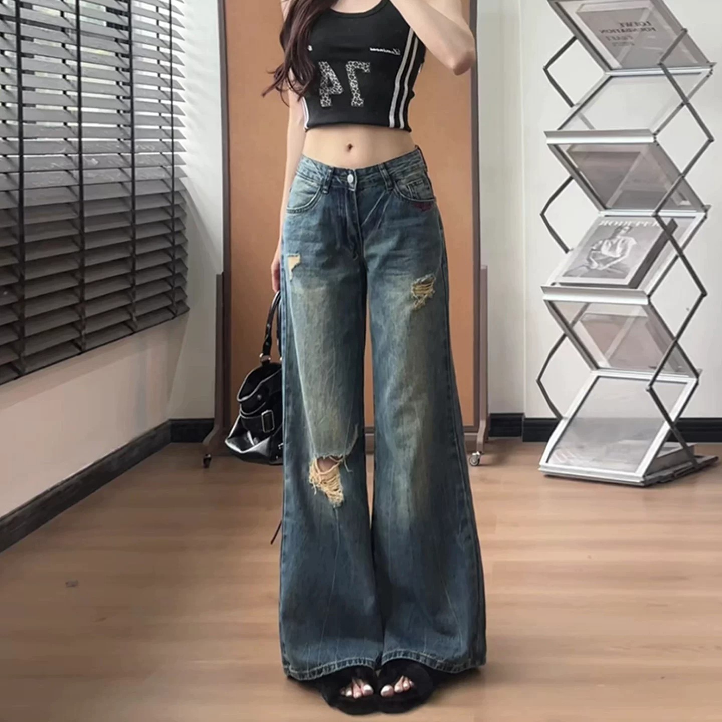 美式復古破洞闊腿牛仔褲女2026巨好看百搭的深藍色薄款直筒褲夏季