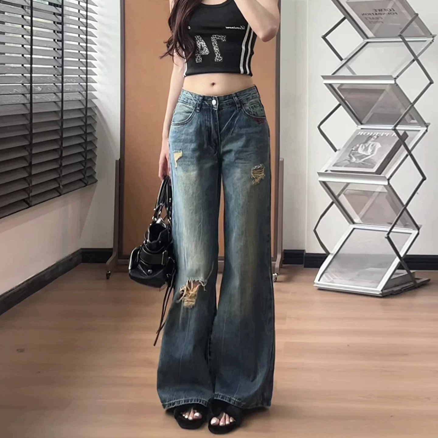 美式復古破洞闊腿牛仔褲女2026巨好看百搭的深藍色薄款直筒褲夏季