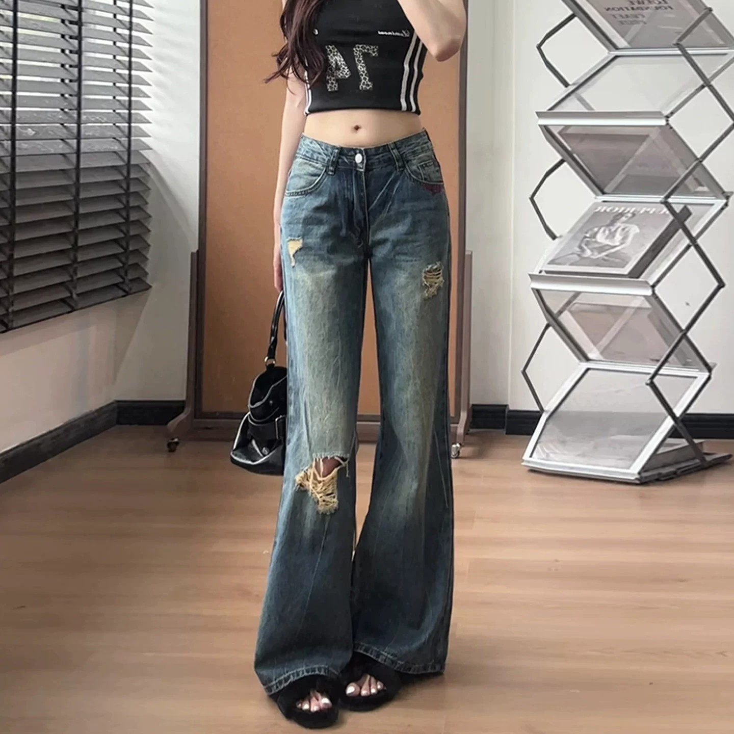 美式復古破洞闊腿牛仔褲女2026巨好看百搭的深藍色薄款直筒褲夏季
