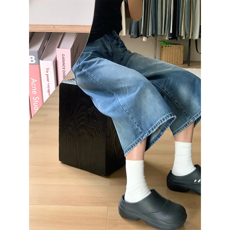 小個子復古水洗藍七分牛仔短褲女2026夏新款閃電紋寬松闊腿直筒褲